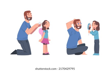 Las chicas se lo pasan bien con sus hijos. Padre peinando el pelo de su hija y niña haciendo maquillaje de la ilustración vectorial de su papá