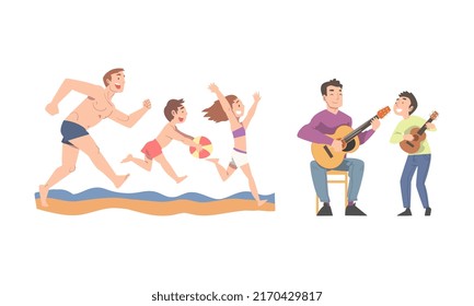 Dads having good time with their children set. Father and kids having fun on beach and playing guitar cartoon vector illustration