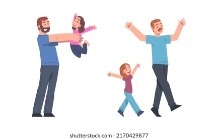 Las chicas se lo pasan bien con sus hijos. Padre e hija divirtiéndose juntos la ilustración del vector de dibujos animados