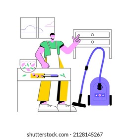 Dads and housework abstract concept vector illustration. Dad doing housework, chores at home, father son daughter folding clothes, fun cooking, cleaning together, wash dishes abstract metaphor.