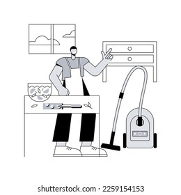 Dads and housework abstract concept vector illustration. Dad doing housework, chores at home, father son daughter folding clothes, fun cooking, cleaning together, wash dishes abstract metaphor.