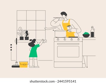 Dads and housework abstract concept vector illustration. Dad doing housework, chores at home, father son daughter folding clothes, fun cooking, cleaning together, wash dishes abstract metaphor.