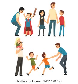 Dads Playing with Their Children Set, Fathers, Sons and Daughters Having Fun Together, Best Dad, Happy Family Cartoon Vector Illustration