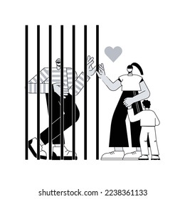 Dads in prison abstract concept vector illustration. Fathers in prison, family instability, incarcerated dad, hand in jail, striped costumes, in court, child visiting relative abstract metaphor.