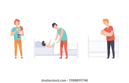 Dads Taking Care of their Children Set, Father Feeding Baby with Milk Bottle, Putting his Kid to Bed Flat Vector Illustration