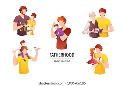 Dads with their children of different ages. Fatherhood, Parenthood, Childhood, Father's Day Happy family concept. Isolated vector illustration for card, postcard, poster, banner.