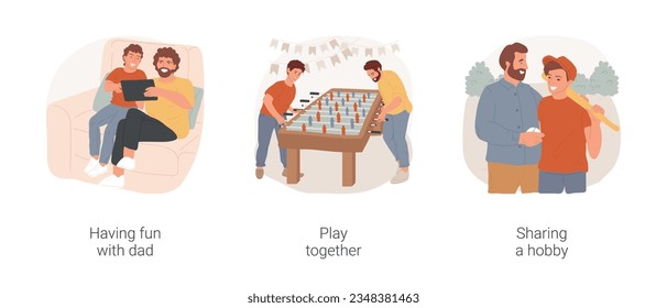 Dad-son relationship isolated cartoon vector illustration set. Have fun with dad, watching tablet at sofa, father and son playing table football, sharing a hobby, baseball training vector cartoon.