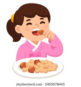 Daeboreum (Great Full Moon) Korean celebration. Cute little girl cracking nuts with her teeth (Bureom). Cartoon vector clip art illustration.