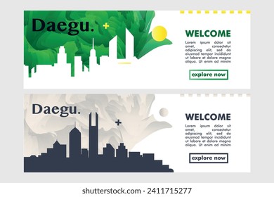 Daegu city banner pack with abstract shapes of skyline, cityscape, landmark. South Korea megapolis travel vector horizontal illustration layout, brochure, website, page, presentation, header, footer