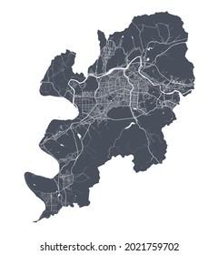 Daegu map. Detailed vector map of Daegu city administrative area. Cityscape poster metropolitan aria view. Dark land with white streets, roads and avenues. White background.