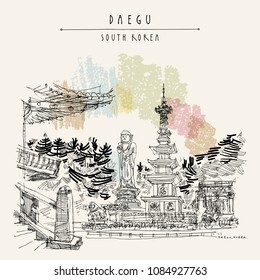 Daegu, South Korea. Big Buddha statue in Donghwasa Temple. Hand drawing in retro style. Travel sketch. Vintage touristic postcard, poster or book illustration in vector