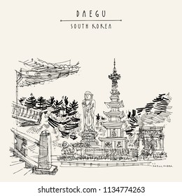 Daegu, South Korea. Big Buddha statue in Donghwasa Temple. Hand drawing in retro style. Travel sketch. Vintage touristic postcard, poster or book illustration in vector