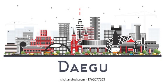 Daegu South Korea City Skyline with Color Buildings Isolated on White. Vector Illustration. Business Travel and Tourism Concept with Historic and Modern Architecture. Daegu Cityscape with Landmarks.