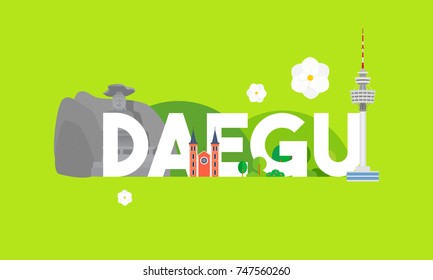 Daegu travel banner Vector illustration. Landmark in Daegu on green background  