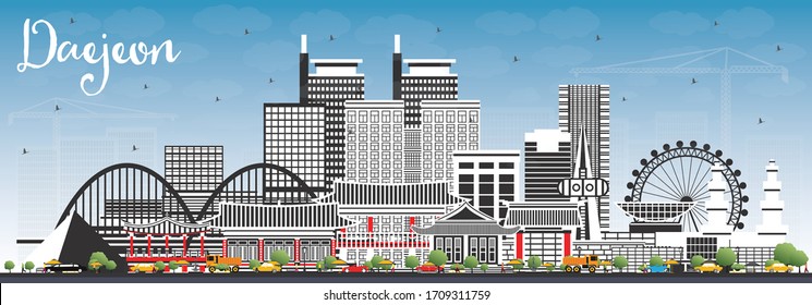 Daejeon South Korea City Skyline with Color Buildings and Blue Sky. Vector Illustration. Business Travel and Tourism Concept with Historic and Modern Architecture. Daejeon Cityscape with Landmarks.