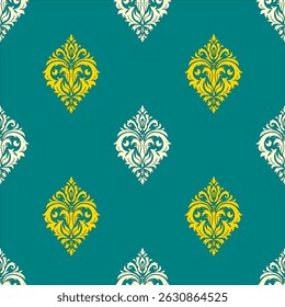 The daemas-free wallpaper, emerald green background color, contrasted with gold and cream color, is a Vector-shaped flower pattern.