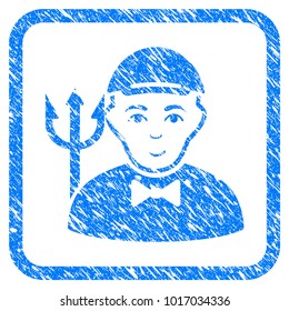 Daemon rubber stamp imitation. Icon vector symbol with grungy design and dust texture in rounded square frame. Scratched blue stamp imitation. Dude face has happy emotion. a guy from daemon in a cap.