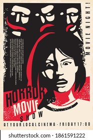 Daemons and monsters horror poster with scared girl. Retro poster for cinema event. Movie graphic vector illustration.