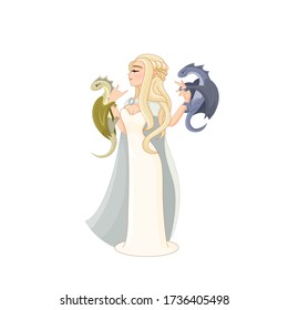 Daenerys Targaryen TV series hero and two cute cartoon dragons her hand   in white dress and cloak Song Ice   Fire Game Thrones Emilia Clarke vector cartoon beauty blond lady eps 10