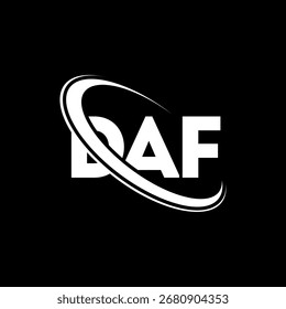 Logotipo de DAF. Carta DAF. Diseño del logotipo de la carta DAF. Iniciales Logotipo de DAF enlazado con el círculo y el logotipo del monograma en mayúsculas. TIPOGRAFÍA DAF para tecnología, negocio y marca inmobiliaria.