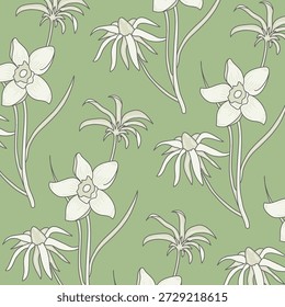 Las flores de narciso y los subgrupos largos se repiten en un patrón sin fisuras dibujado a mano con un delicado sombreado de líneas. Símbolo de primavera, pureza, Renovación y frescura para el Fondo de pantalla. Ilustración vectorial de dibujos animados.