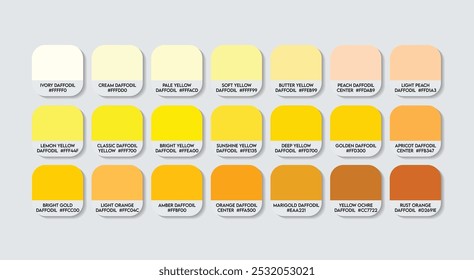 Daffodil Color Palette, Daffodil Color Guide Palette with Color Names. Catalog Samples of Yellow with RGB HEX codes. paint, natural Daffodil variations, and a Fashion Trend Daffodil Flower color