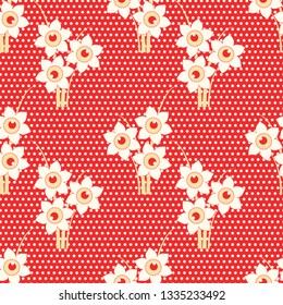 daffodil and dots floral seamless pattern in red ivory