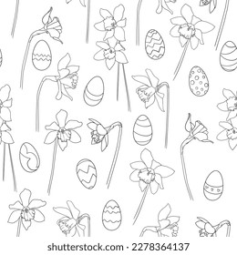 Daffodil and Easter eggs line art pattern