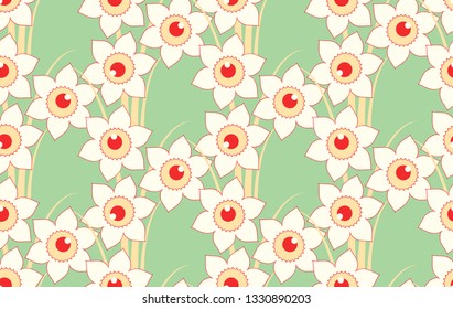 daffodil field floral seamless pattern in red green shades