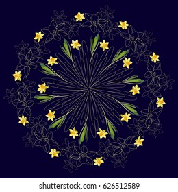 Daffodil floral medallion pattern, vector mandala ornament. Fashion style background for prints, silk textile, cushion pillow or kerchief. Floral pattern made of simple doodles