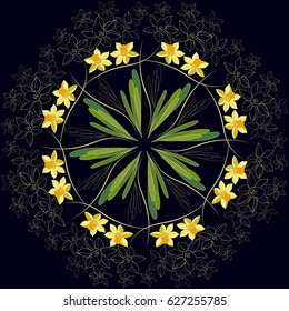 Daffodil floral medallion pattern, vector mandala ornament. Fashion style background for prints, silk textile, cushion pillow or kerchief. Floral pattern made of simple doodles
