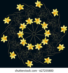 Daffodil floral medallion pattern, vector mandala ornament. Fashion style background for prints, silk textile, cushion pillow or kerchief. Floral pattern made of simple doodles