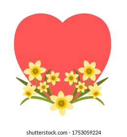 Daffodil flower bouquet with red heart. Narcissus flowers ornament. Wedding frame element. Flat design. Botanical illustration.