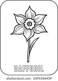 Daffodil flower coloring page for kids. Vector black and white hand drawn illustration for coloring book