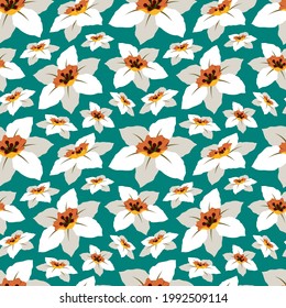 Daffodil flower floral seamless pattern on blue background