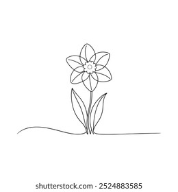 
Daffodil flower isolated continuous line art flat vector illustration on white background.