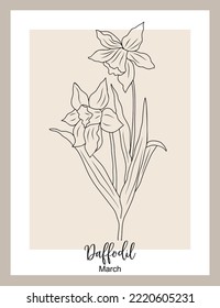 Daffodil flower line art vector illustration. Trendy minimalist wall art. Hand drawn black ink sketch. March birth month flower for jewelry, tattoo, logo, wall art, branding and packaging design.