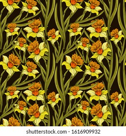 Daffodil flower seamless pattern. Realistic detailed botanical drawings on a black background. Vector illustration
For cards, tags, textiles, wallpaper, gift wrapping paper, kraft paper, scrapbooking.