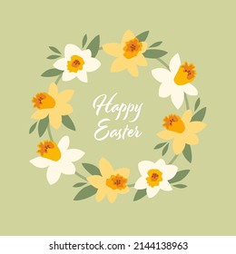 Daffodil flower wreath. Happy Easter greeting card. svg