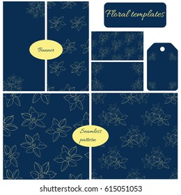 Daffodil flowers contour patterns and banners for florist business. Double sided business card, banners, tags, wrapping border and two seamless patterns. Floral templates set, collection