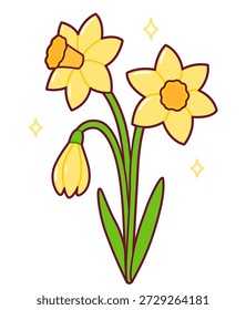 Flores de narciso, desenho bonito simples na primavera. Ilustração vetorial de desenhos animados.
