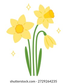Flores de narciso, desenho bonito simples na primavera. Ilustração vetorial de desenhos animados.