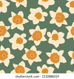Daffodil flowers seamless vector pattern. Distressed white Chamomile flowers on black background. Trendy for prints, fabric, invitation cards, wedding decoration, wallpapers, wall murals