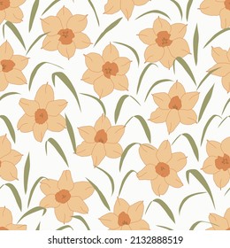 Daffodil flowers seamless vector pattern. Distressed white Chamomile flowers on black background. Trendy for prints, fabric, invitation cards, wedding decoration, wallpapers, wall murals