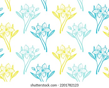 Daffodil flowers vector seamless pattern textile print summer design. Lovely wedding ornament. Lilly or daffodil flowers outline illustration. Exotic blossom bouquet. Engraving style wallpaper