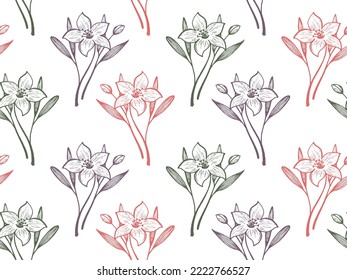 Daffodil flowers vector seamless pattern textile print summer design. Botanical charming ornament. Amaryllis or lily flowers outline illustration. Exotic blossom bouquet. Engraving style wallpaper