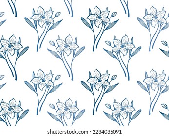 Daffodil flowers vector seamless pattern textile print summer design. Pretty wedding ornament. Amaryllis or lily flowers outline illustration. Tropical blossom bouquet. Sketch style wallpaper