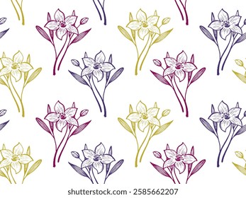 Daffodil flowers vector seamless pattern textile print summer design. Floral adorable ornament. Lilium or narcissus flowers outline illustration. Tropical blossom bouquet. Sketch style wallpaper