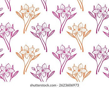 Daffodil flowers vector seamless pattern textile print summer design. Floral adorable ornament. Lilly or daffodil flowers outline illustration. Abstract blossom bouquet. Sketch style wallpaper