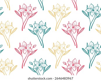 Daffodil flores vetor sem costura padrão têxtil impressão projeto de verão. Ornamento floral de arte de linha. Ilustração de contorno de flores de lírio ou narciso. Buquê de flores exótico. Papel de parede estilo esboço